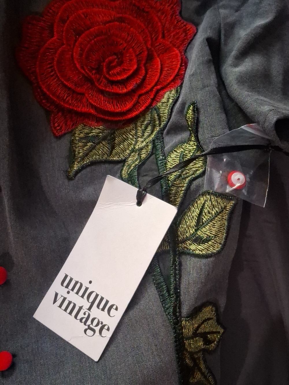 Unique Vintage Black Midi Dress with Red Rose Embroidery - Picture 9 of 10